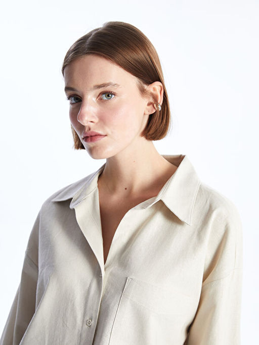 D?z Uzun Kollu Oversize Keten Kar???ml? Kad?n G?mlek