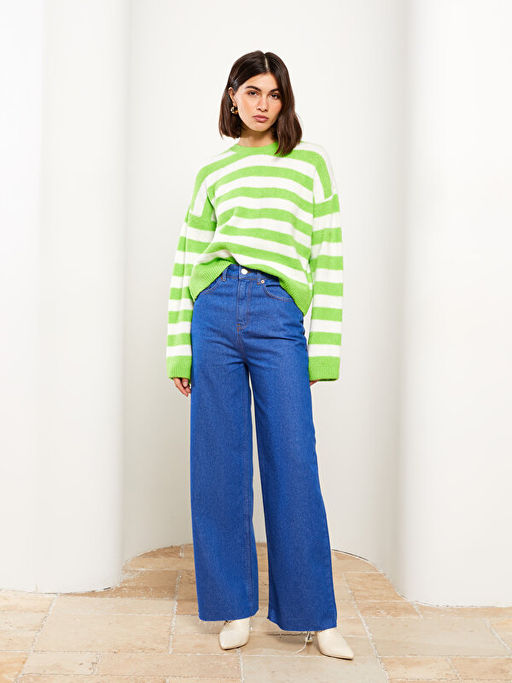 Bisiklet Yaka ?izgili Uzun Kollu Kad?n Triko Kazak