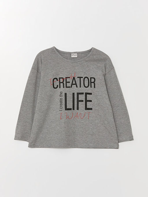 Bisiklet Yaka Bask?l? Uzun Kollu K?z ?ocuk Ti??rt