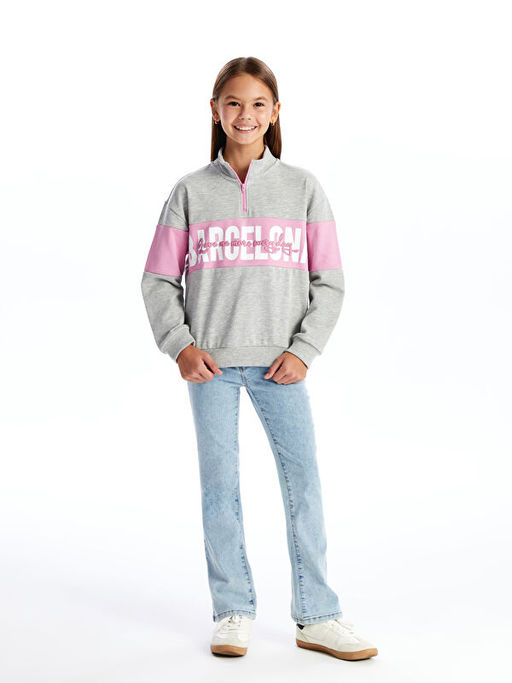 Dik Yaka Bask?l? Uzun Kollu K?z ?ocuk Sweatshirt - Waikiki фото 5