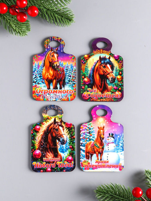 Набор магнитов на холодильник 4 шт. «Доска разделочная с конём: Огромного счастья, всё сбудется, ярких впечатлений»