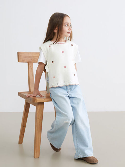 Bisiklet Yaka ?i?ekli K?z ?ocuk Triko S?veter