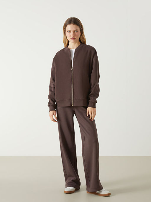 Kolej Yaka Oversize Kad?n Fermuarl? Sweatshirt