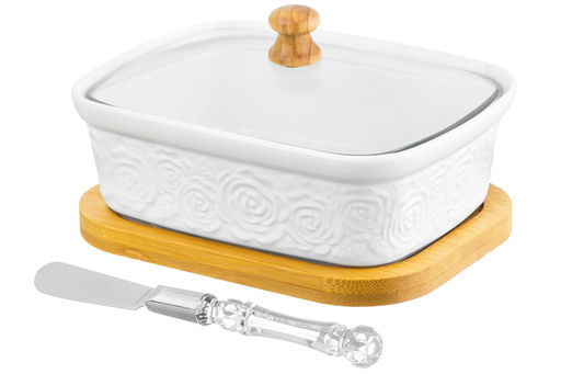 Паштетница 14,5*11*9 см 330 мл "Розы" со стекл. крышкой на дер. подставке + нож!!!