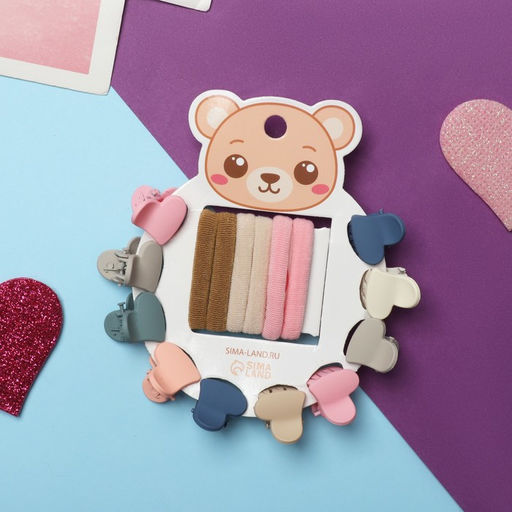 Цена за 6 шт. Набор для волос «Солнышко», 16 шт.: 6 резинок, 10 крабиков, сердца