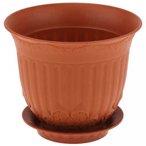 Терракот Горшок для цветов пластмассовый 1л, с поддоном, д14см, h12см, резной орнамент, морозостойкий полипропилен, т.м. NECO (Россия)