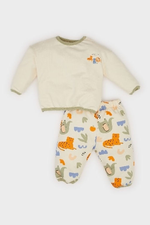 Erkek Bebek 2li Tak?m Safari Bask?l? Uzun Kollu Sweatshirt Beli Lastikli Esofman Alt?
