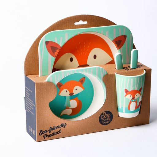 Набор детской посуды Лисичка, из бамбука, 5 предметов: тарелка, миска, стакан, столовые приборы - Крошка я фото 2