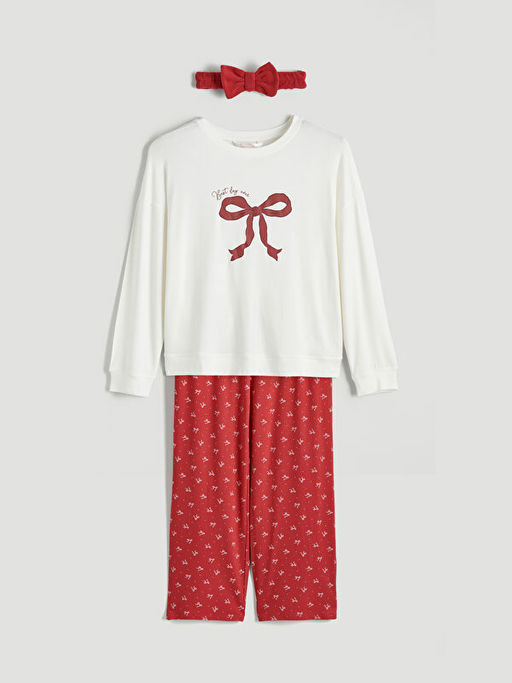 Bisiklet Yaka Fiyonk Bask?l? Kad?n Pijama Tak?m?