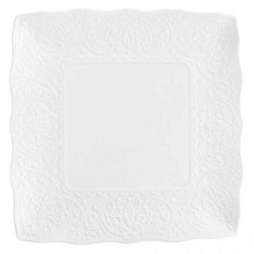 "Русь" Тарелка мелкая фарфоровая 270х270мм h20мм, квадратная, белый, рельефный декор, волнистый край (Китай)