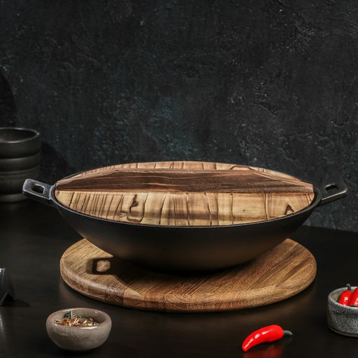 Сковорода - ВОК Magma «Хемминг», d=31 см, h=8 см, деревянная крышка, индукция, чугун, чёрная