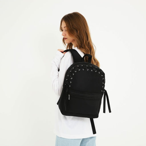 Рюкзак текстильный с лентой, 38х29х11 см, 38 х черный черный, отдел на молнии, цвет красный - Nazamok фото 2