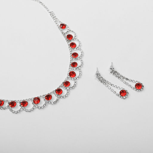 Набор 2 предмета: серьги, колье Листопад кружочки, цвет красно-белый в серебре, 32 см