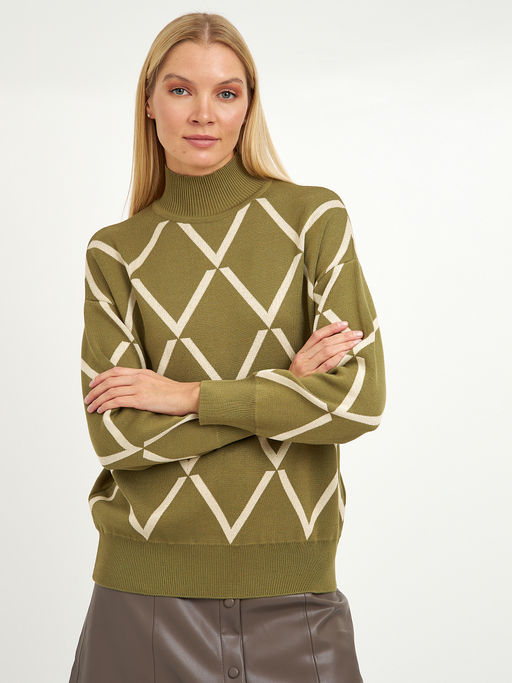 водолазка женская черная со спущенной линией плеча с белыми ромбами - Glenfield фото 6