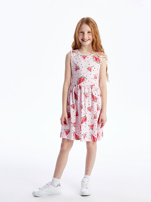 Bisiklet Yaka Bask?l? K?z ?ocuk Elbise