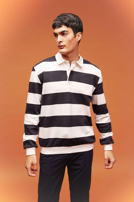 Толстовка в полоску Modern Fit с воротником-поло - Defacto фото 3