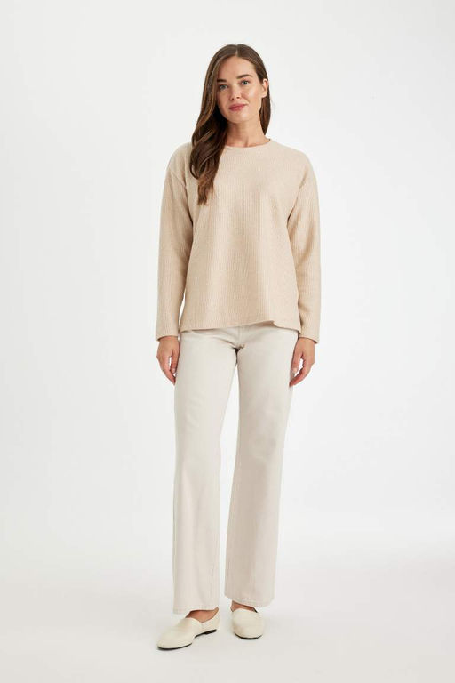 Женский простой свитшот свободного покроя с круглым вырезом в рубчик на бретельках с боковыми разрезами - Defacto фото 2