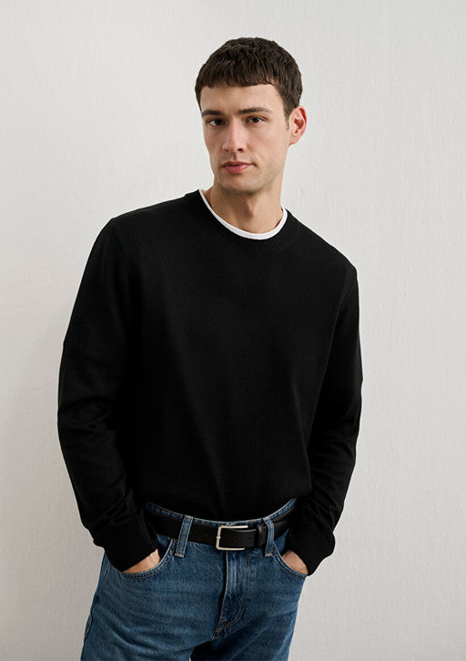 Bisiklet Yaka Siyah Kazak - Mavi фото 4