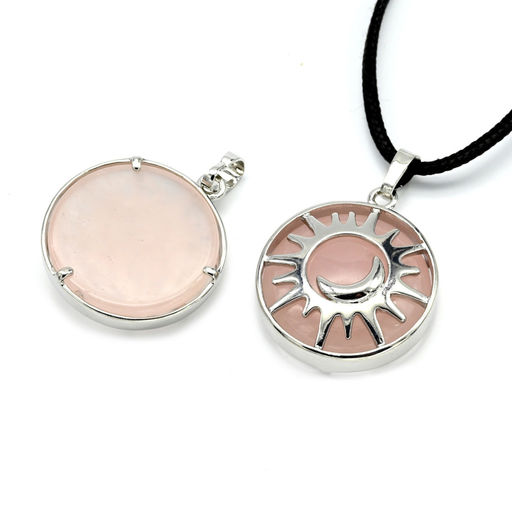 Подвеска Солнце двухсторонняя в металле с розовым кварцем 27*27мм