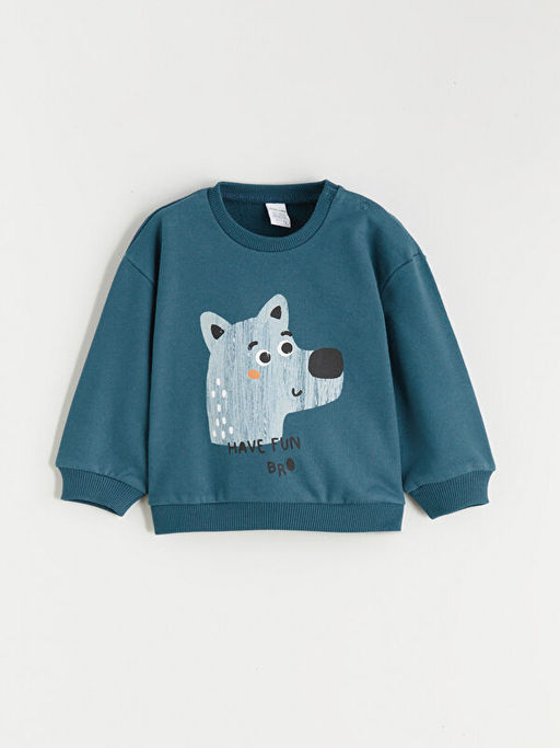 Uzun Kollu Bask?l? Erkek Bebek Sweatshirt ve Pantolon Tak?m 2li