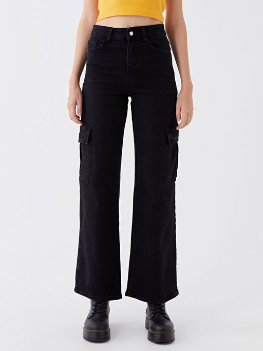 Y?ksek Bel Wideleg Kad?n Kargo Jean Pantolon