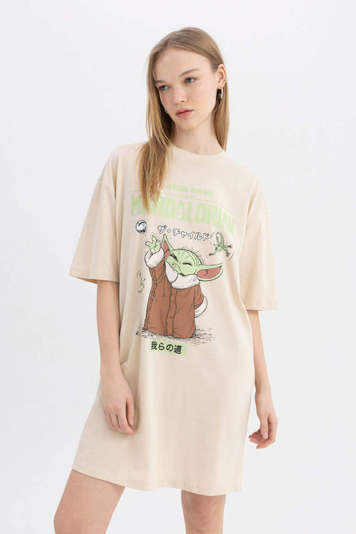 Мини-платье-футболка из чесаного хлопка с короткими рукавами и принтом Cool Star Wars-Mandalorian с круглым вырезом - Defacto фото 7