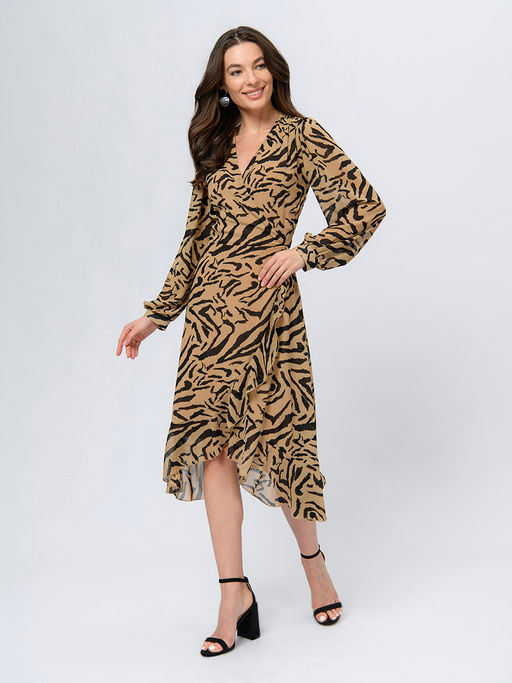 Платье бежевого цвета длины мини с анималистичным принтом - 1001dress фото 4