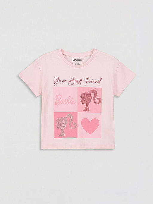 Bisiklet Yaka Barbie Bask?l? K?z ?ocuk Ti??rt