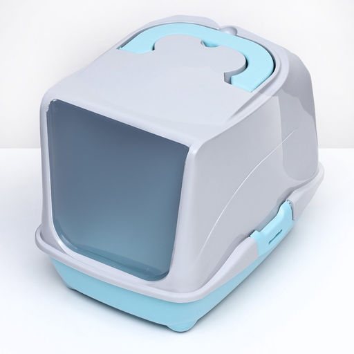 Туалет-домик для кошек закрытый с дверцей 43×32×33 см, бирюзово-серый