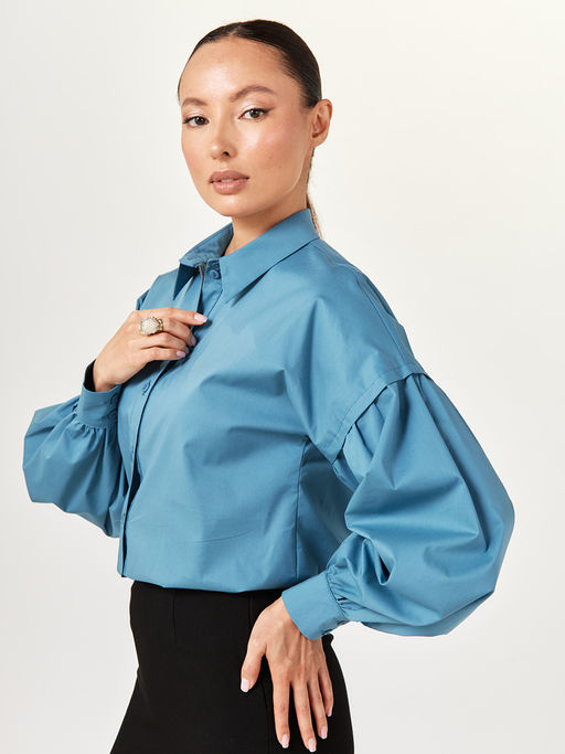 Рубашка блузка с пышным рукавом 100% хлопок голубой - Tantino фото 9