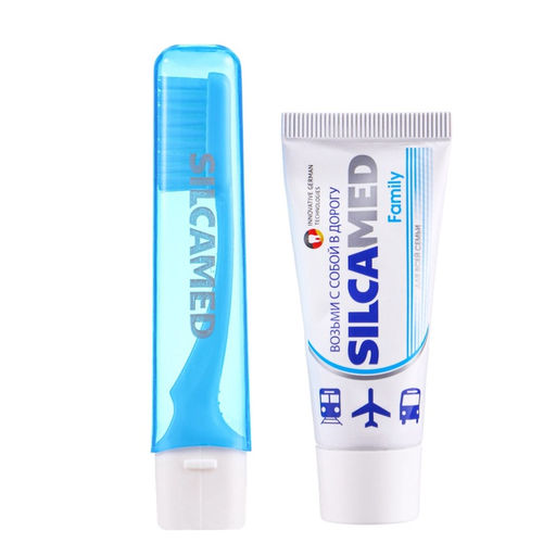 Цена за 2 шт. Набор дорожный: зубная паста Silcamed family, 30 г + зубная щётка Silcamed