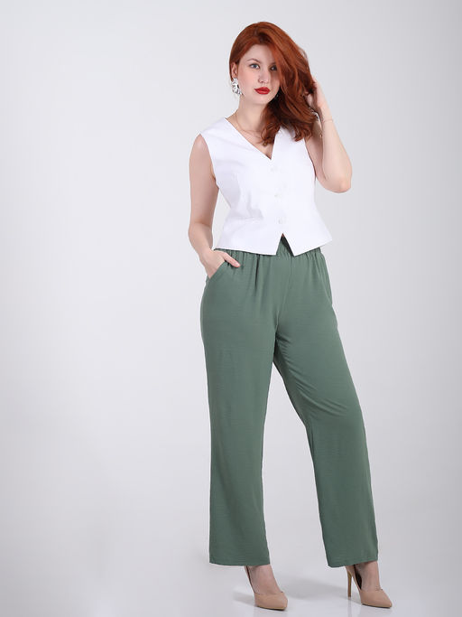 Брюки палаццо из жатки на резинке - Almond фото 30