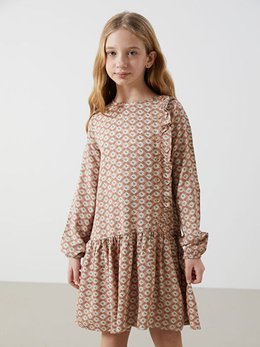 Bisiklet Yaka ?i?ekli K?z ?ocuk Elbise