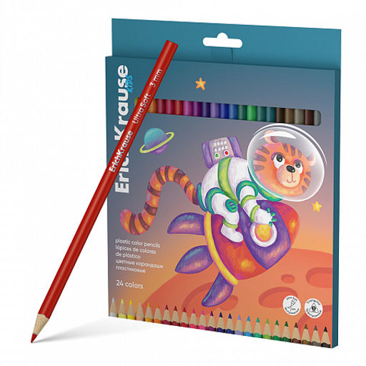 АКЦИЯ Цена за 10 шт. Цветные карандаши пластиковые ErichKrause Kids Space Animals трехгранные, грифель 3 мм, 24 цвета (в коробке с европодвесом 24 шт)