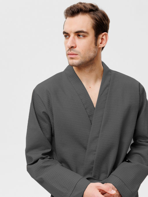 Мужской вафельный халат с планкой темно-серый В-03 (32)