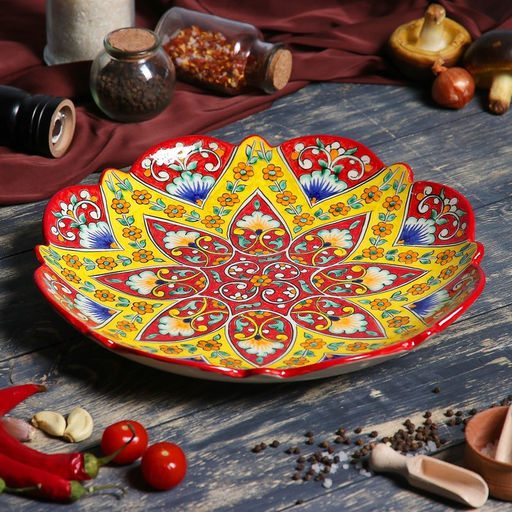 Ляган узбекский Риштанская Керамика «Орнамент», d=32 см, красный