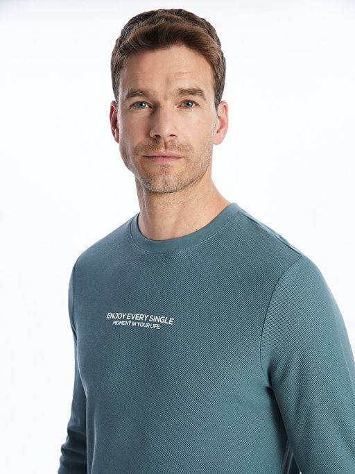 Bisiklet Yaka Uzun Kollu Bask?l? Erkek Sweatshirt