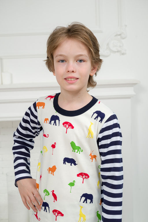 Пижама детская из джемпера и брюк без манжет из интерлока Сафари темно-синий полоса - Амадэль фото 9