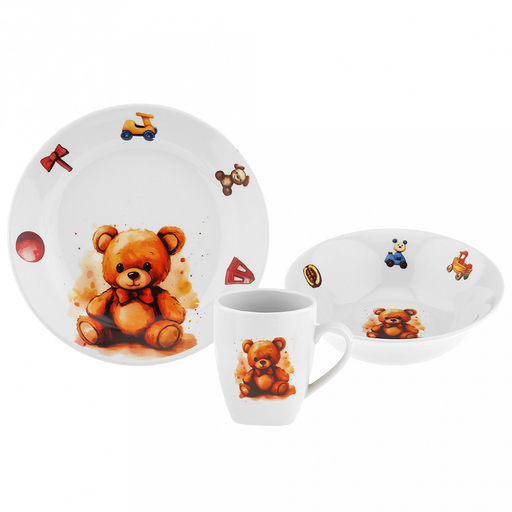 Набор посуды фарфоровый "Мишутка" 3 предмета: тарелка мелкая д175мм гладкий край, салатник д360мм, кружка 210мл, форма "Глория", подарочная упаковка (Россия)