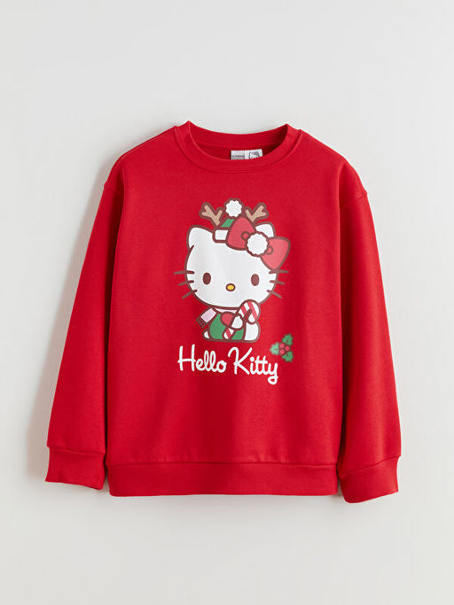 Bisiklet Yaka Hello Kitty Bask?l? Kal?n K?z ?ocuk Sweatshirt