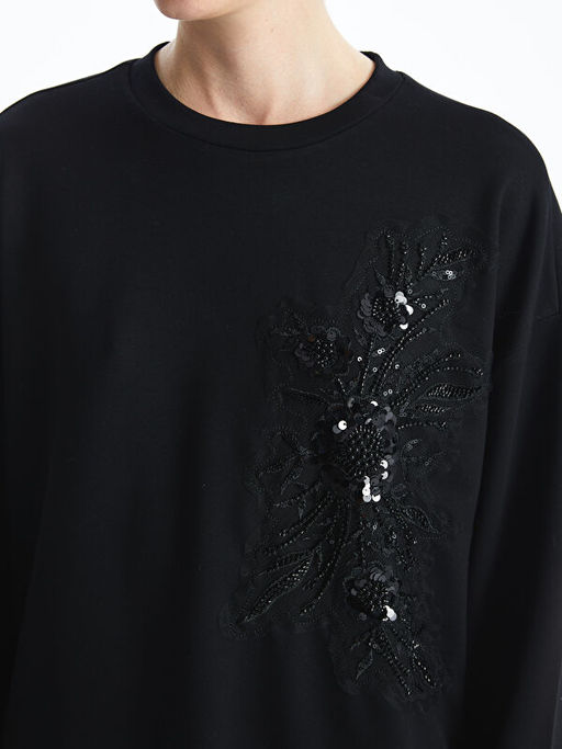 Bisiklet Yaka Pul Payetli Oversize Kad?n Sweatshirt