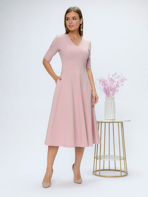 Платье розовое длины миди с глубоким вырезом и рукавами 1/2 - 1001dress фото 5