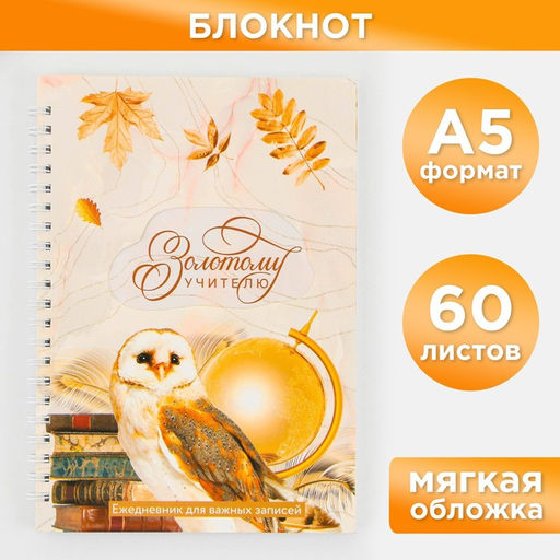 Блокнот на гребне Золотому учителю, мягкая обложка, формат А5, 60 листов.