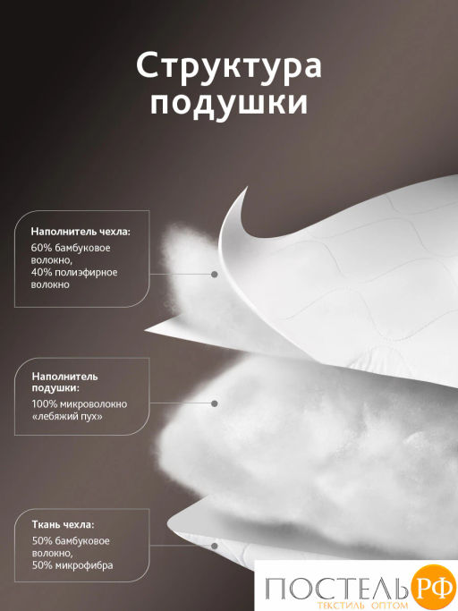Подушка со съемным стеганым чехлом CASSIA БАМБУК ЭКО микробамбук/бамбук/микровол.  фото 3