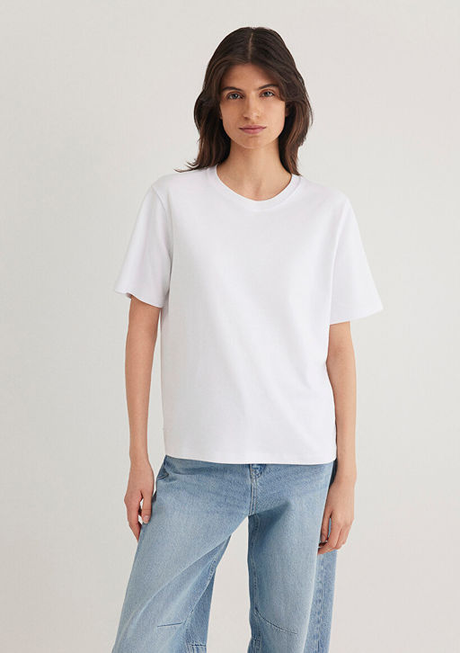 Bisiklet Yaka Beyaz Basic Crop Tisort - Mavi фото 3