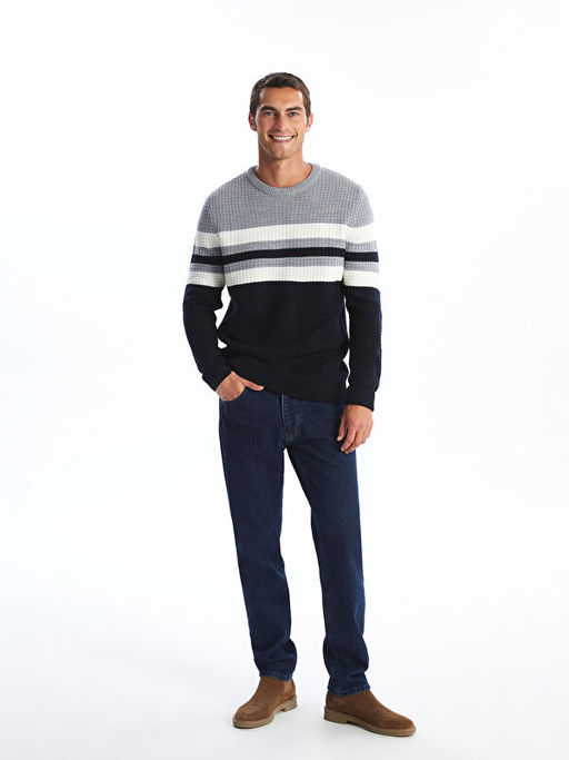 Bisiklet Yaka Uzun Kollu ?izgili Erkek Triko Kazak