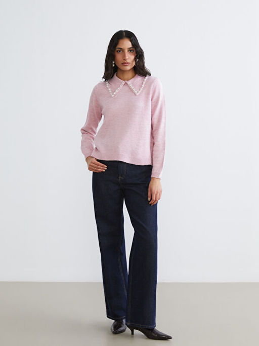 Bebe Yaka Boncuk ??lemeli Kad?n Triko Kazak