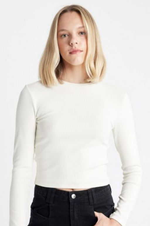 Fitted Bisiklet Yaka Fitilli Kaskorse Basic Duz Uzun Kollu Tisort