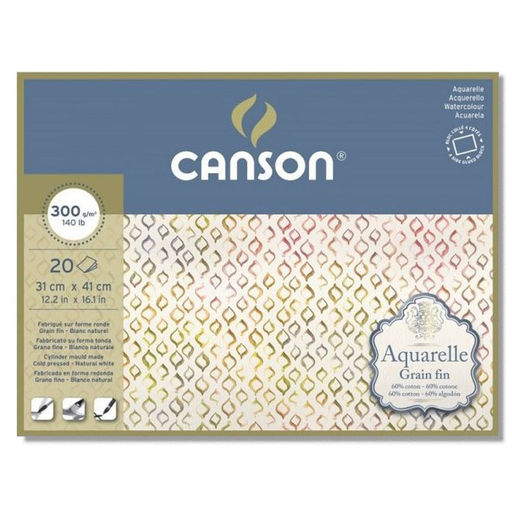 Canson Блок для акварели AQUARELL CP Fine 60% хлопок, 40% целлюлоза 300 г/м2 A3 41 х 31 см склейка с четырех сторон 20 л. C400106440 мелкозернистая
