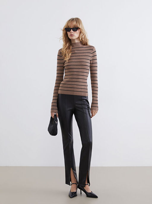 Yar?m Bal?k?? Yaka ?izgili Kad?n Triko Kazak